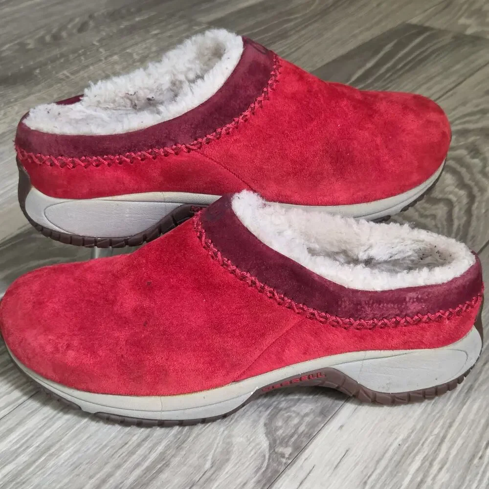 Merrell Encore Chill Stitch Scarlet Red Suede Clogs Mules Womens Size 10 EUR 41
